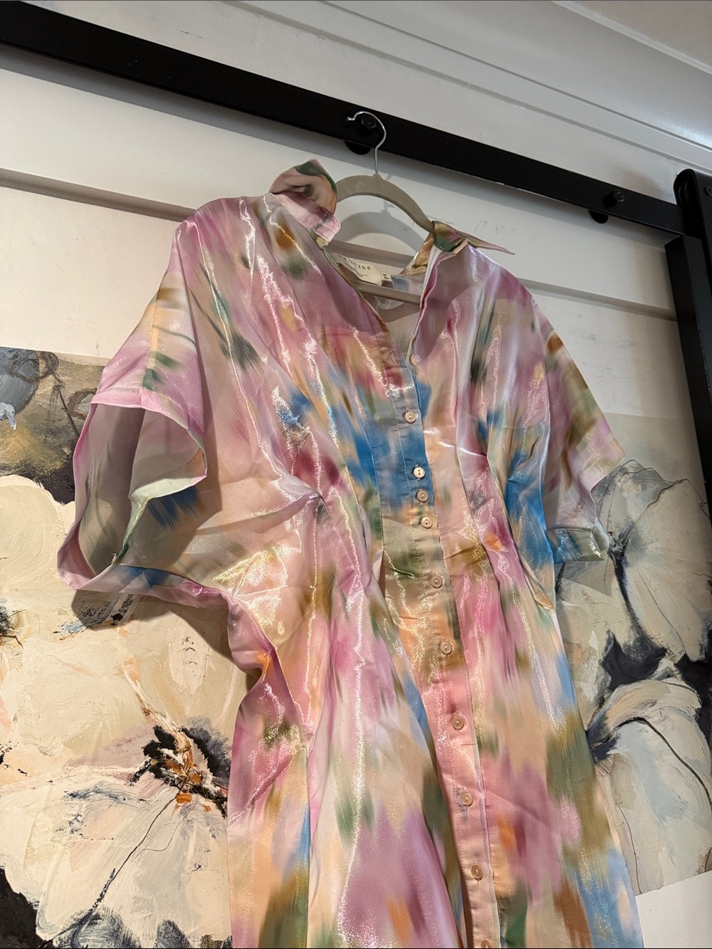 Anthropologie Pastel Watercolor Button-Down Dress in Pink, Blue, Green, Gold - Picture 2 of 6